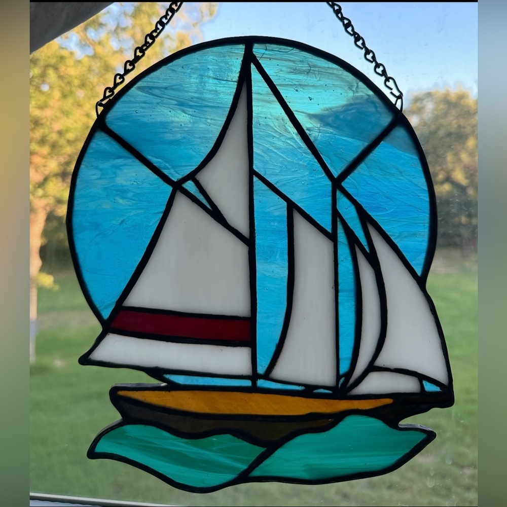 Handmade Stained Glass Hanging.  Sailboat